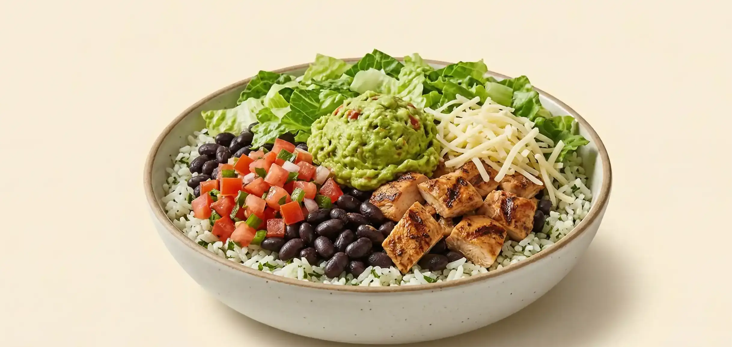Chipotle-inspired burrito bowl cutout on a warm neutral background