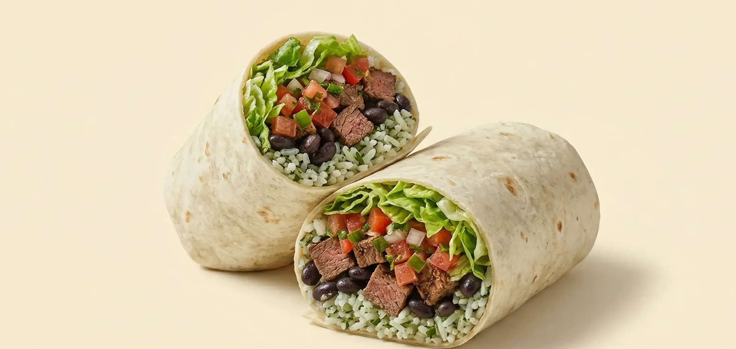 Chipotle-inspired burrito cutout on a warm neutral background