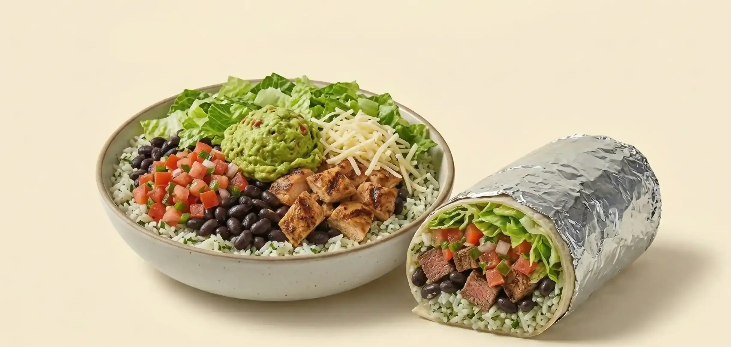 Two chipotle-inspired meals side by side on a warm cream background