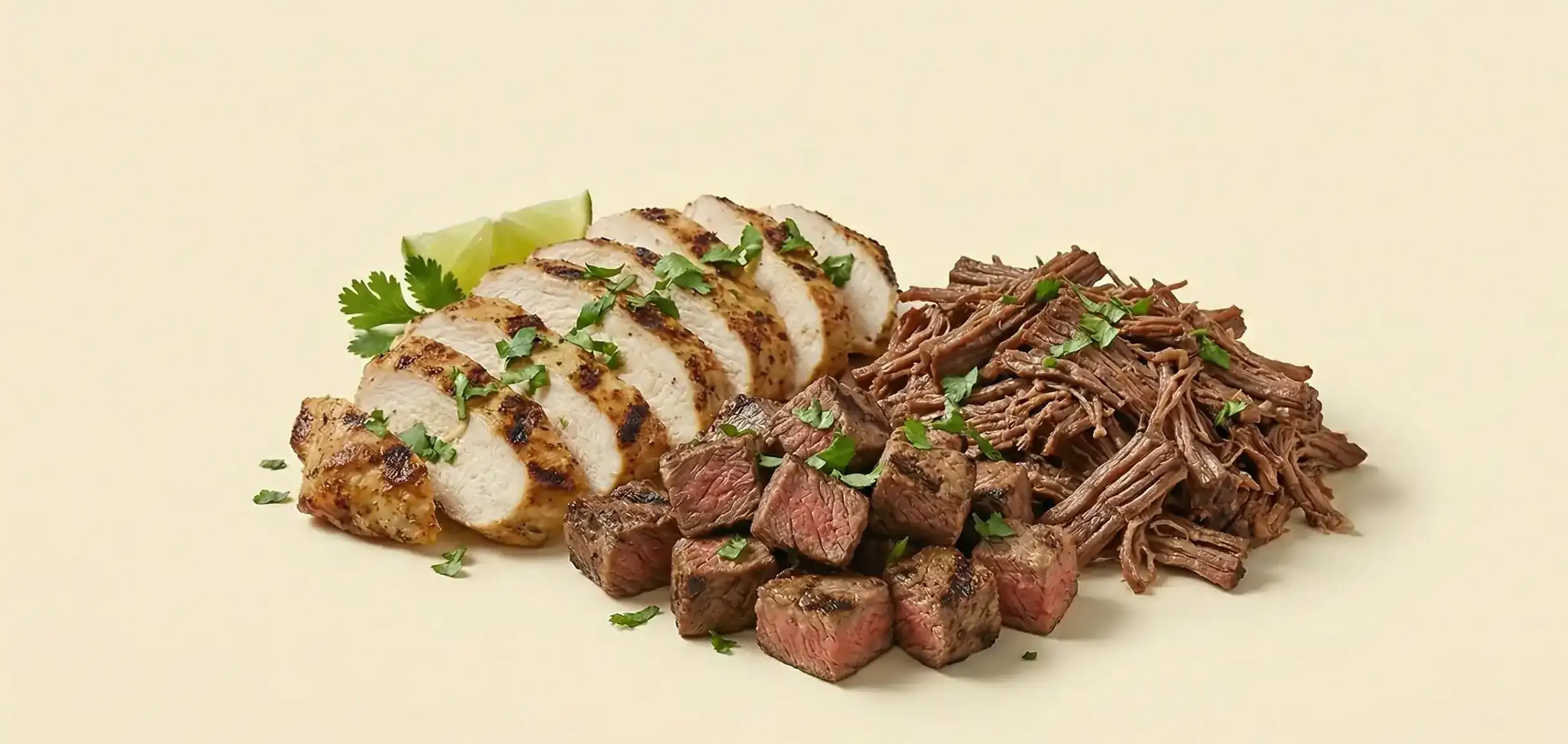 Chipotle-inspired grilled chicken and steak protein selection on a warm cream background